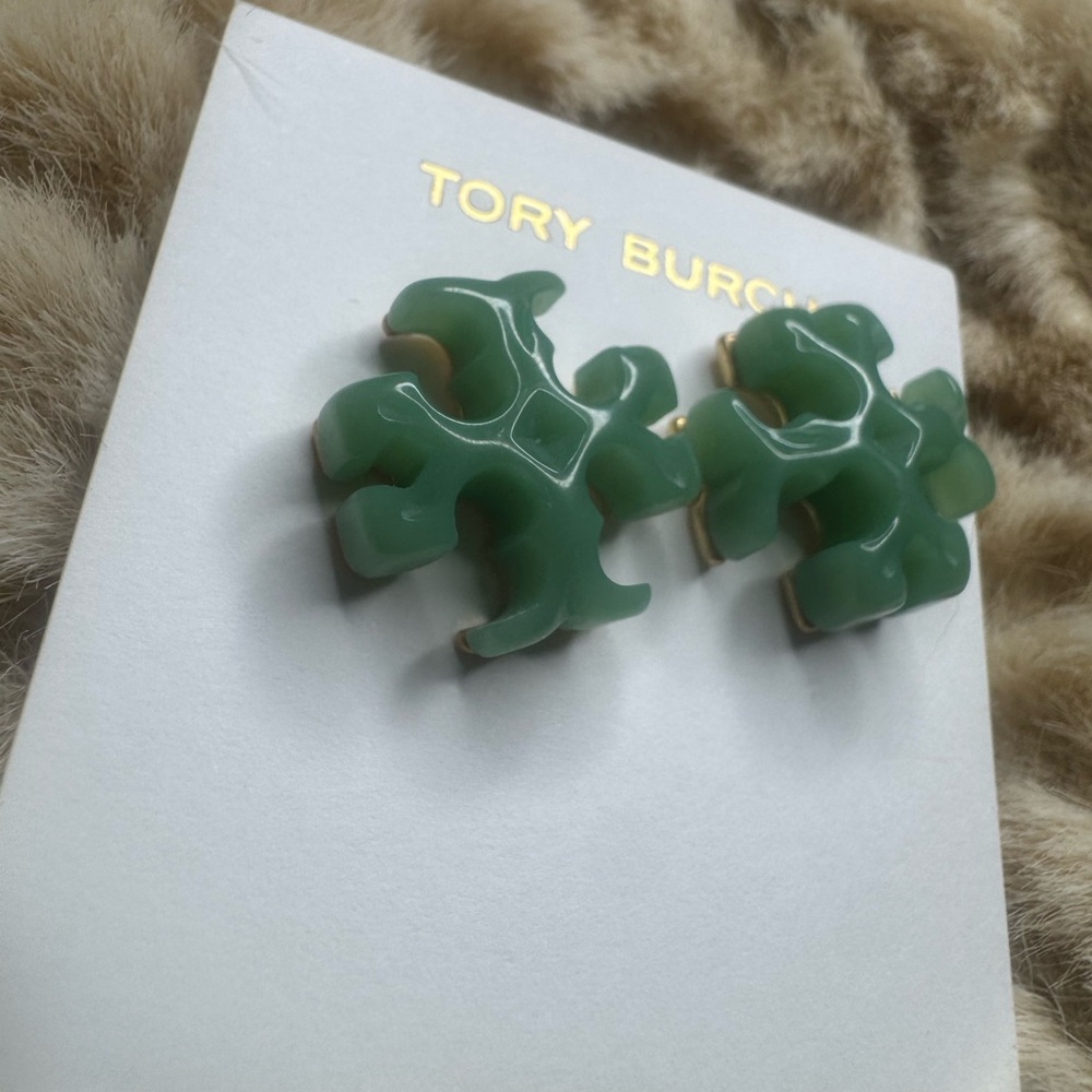 Tory Burch Green Logo Stud Earrings - Picture 3 of 12